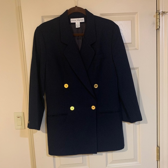 Evan Picone Navy Blue Double Breasted Wool Lined Blazer sz 10 - Picture 1 of 8